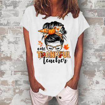One Thankful Teacher Messy Bun Fall Autumn Thanksgiving Women's Loosen Crew Neck Short Sleeve T-Shirt - Thegiftio UK