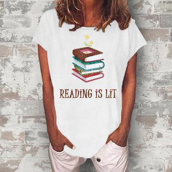 Reading Is Lit Literacy Book Flower Literature Teacher Lover Women's Loosen Crew Neck Short Sleeve T-Shirt - Thegiftio UK