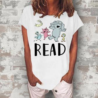 Teacher Library Funny Read Book Club Piggie Elephant Pigeons Women's Loosen Crew Neck Short Sleeve T-Shirt - Thegiftio UK