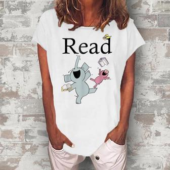 Teacher Library Read Book Club Piggie Elephant Pigeons Funny Women's Loosen Crew Neck Short Sleeve T-Shirt - Thegiftio UK