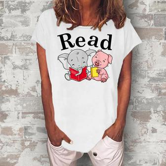 Teacher Library Read Book With Cute Pig And Elephant Women's Loosen Crew Neck Short Sleeve T-Shirt - Thegiftio UK