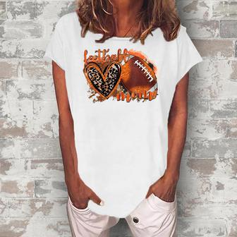 Woman Football Mom Leopard Heart Game Day Women's Loosen Crew Neck Short Sleeve T-Shirt - Thegiftio UK