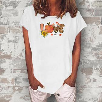 Teacher Love Peace Teach Thanksgiving Fall Pumpkin Women's Loosen T-shirt - Seseable
