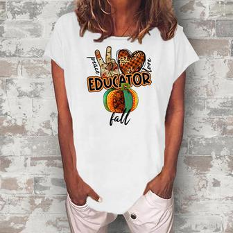 Teacher Peace Love Fall Educator Women's Loosen T-shirt - Seseable