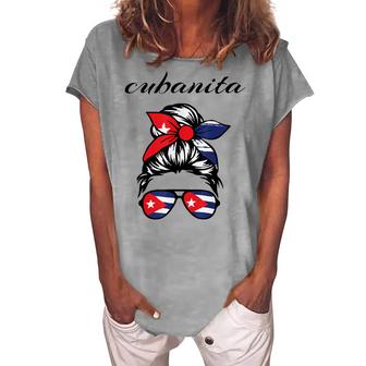 Cubanita Messy Hair Woman Bun Free Cuba Flag For Girls  Women's Loosen Crew Neck Short Sleeve T-Shirt