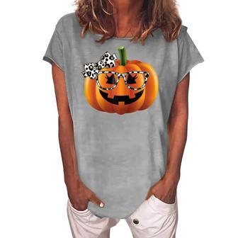 Cute Pumpkin Face With Leopard Print Glasses Girls Halloween V2 Women's Loosen T-shirt - Seseable