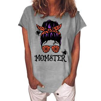 Halloween Messy Bun Leopard Pumpkin Momster Women's Loosen T-shirt - Seseable