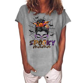 Halloween Spooky Mama Costume Messy Bun Spider Web For Mom Women's Loosen T-shirt - Seseable