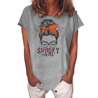 Halloween Spooky Mom Messy Bun Skull Mama Costume Women's Loosen T-shirt - Seseable