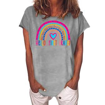 Hello First Grade Rainbow Back To School Teacher Kids Women's Loosen T-shirt - Seseable