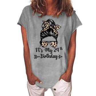 Its My 24Th Birthday Happy 24 Years Old Messy Bun Leopard Women's Loosen T-shirt - Seseable