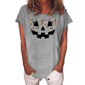Jack O Lantern Pumpkin Halloween Costume Leopard Glasses Women's Loosen T-shirt - Seseable