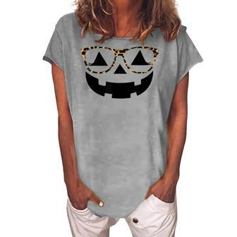 Jack Olantern Halloween Pumpkin Lashes With Leopard Glasses Women's Loosen T-shirt - Seseable