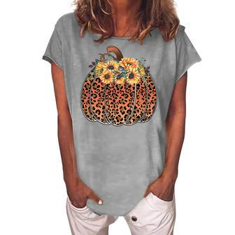 Leopard Pumpkin Womens Halloween Sunflowers Thanksgiving Women's Loosen T-shirt - Seseable