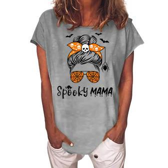 Messy Bun Spooky Mama Mom Halloween Costume Skull Women's Loosen T-shirt - Seseable