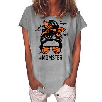 Mom Messy Bun Halloween Leopard Womens Momster Spooky Women's Loosen T-shirt - Seseable