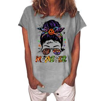 Momster Halloween Mom Messy Hair Bun Momster Women's Loosen T-shirt - Seseable