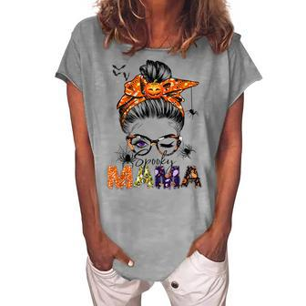 One Spooky Mama For Halloween Messy Bun Mom Monster Bleached V2 Women's Loosen T-shirt - Seseable