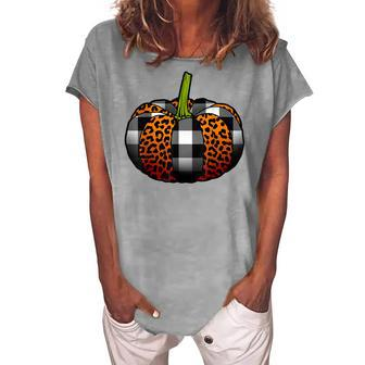 Plaid Pumpkin Leopard Buffalo Check Pumpkin Fall Halloween Women's Loosen T-shirt - Seseable