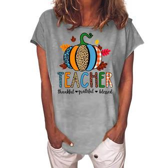 Pumpkin Leopard Teacher Thankful Grateful Blessed V3 Women's Loosen T-shirt - Seseable