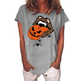 Pumpkin Tongue Out Vampire Leopard Lips Spider Halloween Women's Loosen T-shirt - Seseable