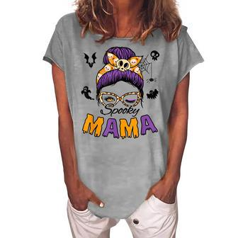 Skull Messy Bun Halloween Spooky Mama Mom Halloween Women's Loosen T-shirt - Seseable