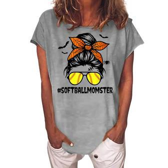 Softball Momster For Women Halloween Mom Messy Bun Women's Loosen T-shirt - Seseable
