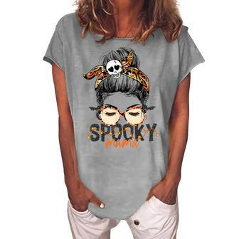 Spooky Mama Halloween Costume Skull Mom Leopard Messy Bun Women's Loosen T-shirt - Seseable
