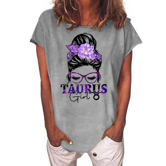 Taurus Girl Birthday Messy Bun Hair Purple Floral Women's Loosen T-shirt - Seseable