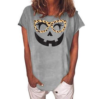 Winking Eye Halloween Lashes Leopard Glasses Pumpkin Girls Women's Loosen T-shirt - Seseable