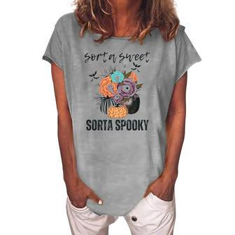 Halloween Sorta Sweet Sorta Spooky Pumpkin Florals Women's Loosen T-shirt - Seseable