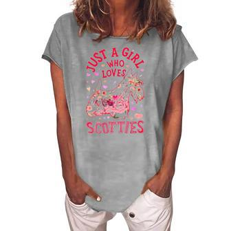 Scottie Scottish Terrier Just A Girl Who Loves Dog Flower Women's Loosen T-Shirt | Mazezy