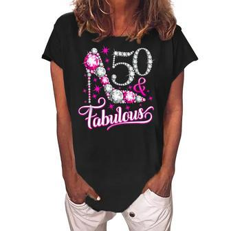 50 & Fabulous 50 Years Old 50Th Birthday Diamond Crown Shoes V3 Women's Loosen Crew Neck Short Sleeve T-Shirt - Seseable