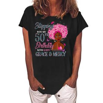 50Th Birthday Squad Stepping Into 50 Years Old Black Womens Women's Loosen Crew Neck Short Sleeve T-Shirt - Seseable
