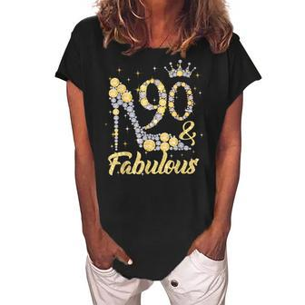 90 & Fabulous 90 Years Old 90Th Birthday Diamond Crown Shoes Women's Loosen Crew Neck Short Sleeve T-Shirt - Seseable