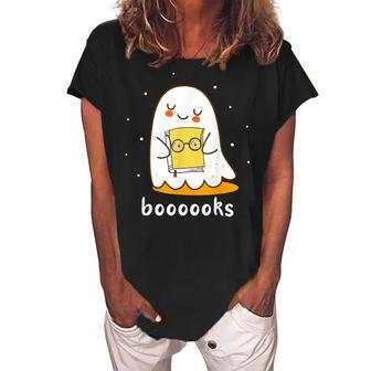 Booooks Cute Ghost Reading Library Books Halloween Teacher Women's Loosen Crew Neck Short Sleeve T-Shirt - Thegiftio UK
