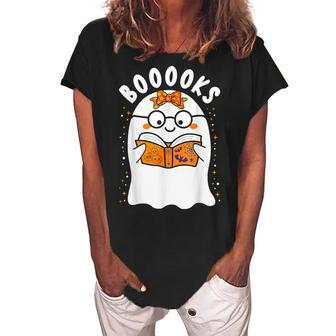 Booooks Cute Ghost Reading Library Books Teacher Halloween Women's Loosen Crew Neck Short Sleeve T-Shirt - Thegiftio UK