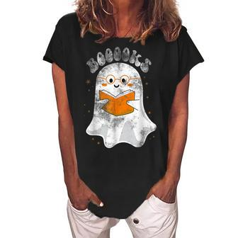 Booooks Ghost Funny Halloween Teacher Book Library Reading V4 Women's Loosen Crew Neck Short Sleeve T-Shirt - Thegiftio UK