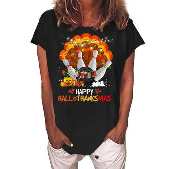 Bowling Halloween And Merry Christmas Happy Hallothanksmas Women's Loosen Crew Neck Short Sleeve T-Shirt - Thegiftio UK
