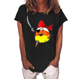 Candy Corn Pirate Halloween Jolly Roger Trick-Or-Treat Women's Loosen Crew Neck Short Sleeve T-Shirt - Seseable