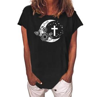 Faith Cross Crescent Moon With Sunflower Christian Religious Women's Loosen Crew Neck Short Sleeve T-Shirt | Mazezy