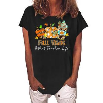 Fall Vibes & That Teacher Life Apple Pencil Pumpkin Fall Women's Loosen Crew Neck Short Sleeve T-Shirt - Thegiftio UK