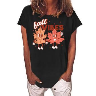 Fall Vibes Pumpkins Funny Leaves Autumn Vibes Red With Gold Women's Loosen Crew Neck Short Sleeve T-Shirt - Thegiftio UK