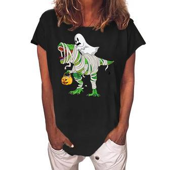 Ghost Riding T Rex Mummy Dinosaur Halloween Women's Loosen Crew Neck Short Sleeve T-Shirt - Seseable
