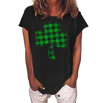Green Buffalo Plaid Shamrock Lucky St Patricks Day Womens Women's Loosen Crew Neck Short Sleeve T-Shirt - Thegiftio UK