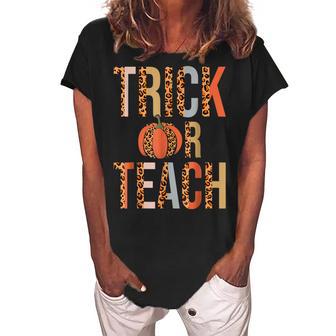 Groovy Trick Or Teach Spooky Funny Teacher Halloween Custome Women's Loosen Crew Neck Short Sleeve T-Shirt - Thegiftio