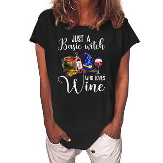 Halloween Basic Witch Who Loves Wine Drinking Drinker Lover Women's Loosen Crew Neck Short Sleeve T-Shirt - Seseable