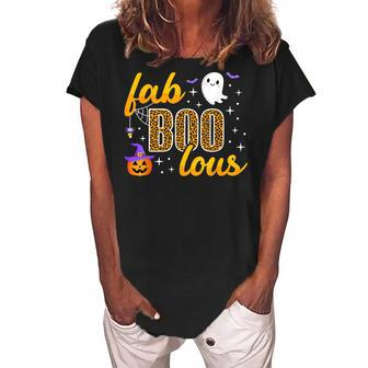 Halloween Boo Faboolous Leopard Pumpkin Witch Hat Ghost Cute Women's Loosen Crew Neck Short Sleeve T-Shirt - Seseable