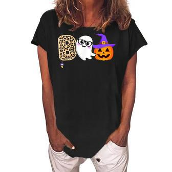 Halloween Boo Ghost Leopard Pumpkin Witch Hat Boys Girls Kid Women's Loosen Crew Neck Short Sleeve T-Shirt - Seseable