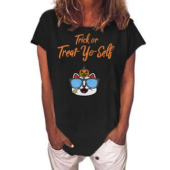 Halloween Kitty Cat Trick Or Treat Yo Self Kitten Women's Loosen Crew Neck Short Sleeve T-Shirt - Seseable